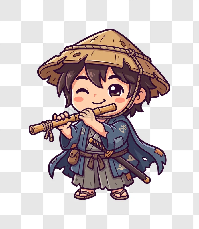 Chibi Samurai Playing Flute Cute cartoon style transparent background