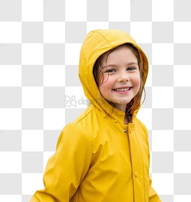 Child in Yellow Raincoat Smiling Outdoors, happy girl transparent background