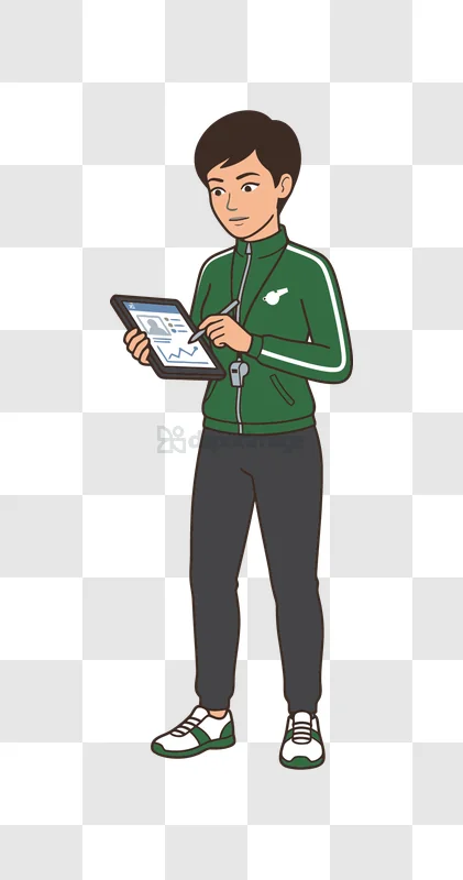 Coach Using Tablet and Stylus cartoon style green uniform