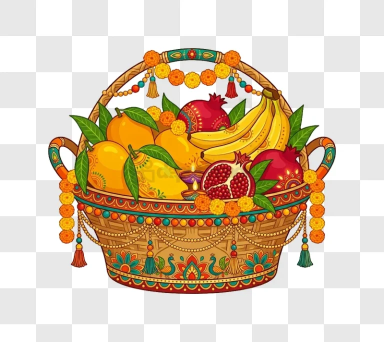 Colorful Basket of Fruits and Diyas vibrant illustration marigold garlands