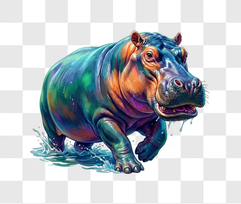 Colorful Hippo Walking Through Water Splash vibrant watercolor style transparent background