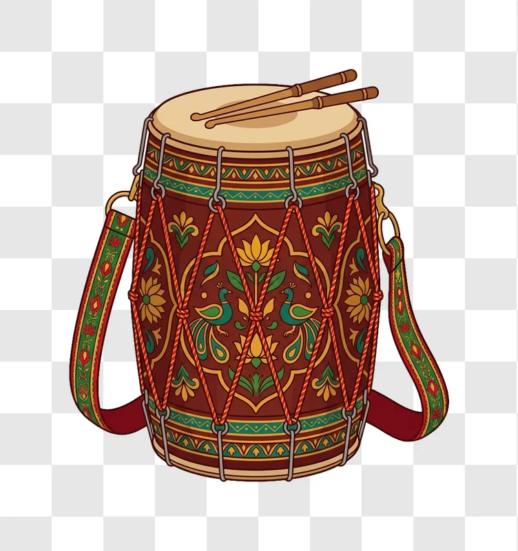 Colorful Indian Dhol Drum With Sticks, intricate patterns, peacocks, lotus, transparent background