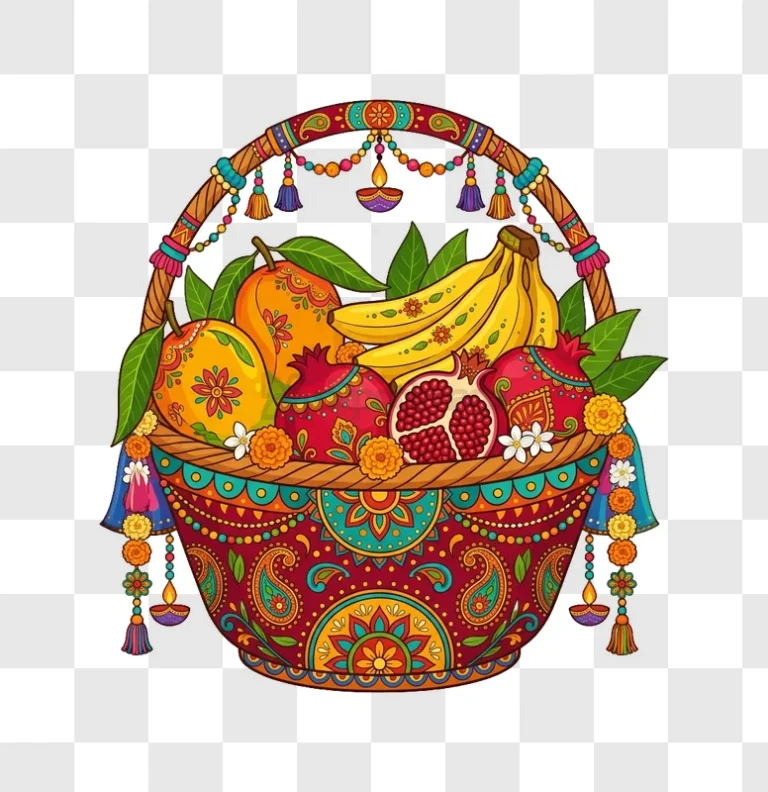 Colorful Indian Festival Fruit Basket vibrant illustration intricate patterns transparent background