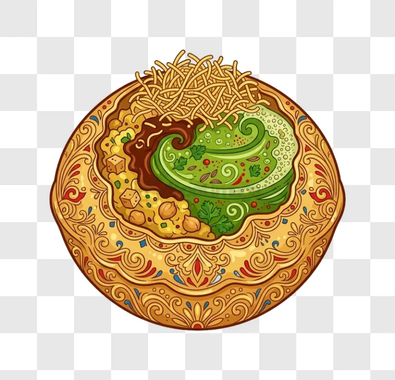 Colorful Indian Food Illustration detailed ornate dish, green sauce, yellow noodles