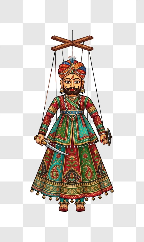 Colorful Indian Puppet Warrior Illustration vibrant traditional attire intricate patterns