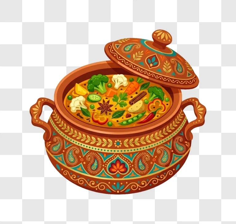 Colorful Indian Stew in Clay Pot vibrant illustration transparent background