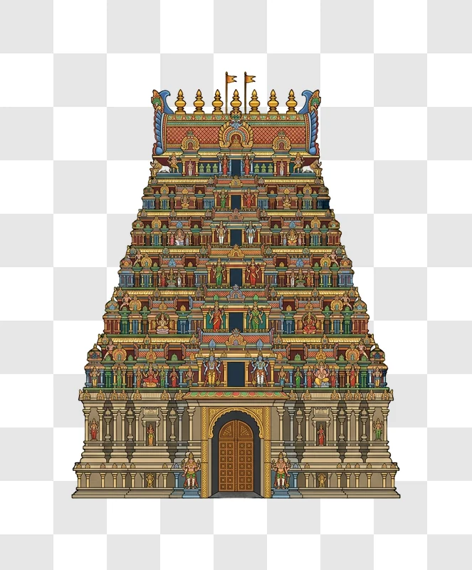 Colorful Indian Temple Gopuram Art intricate multi-tiered colorful illustration
