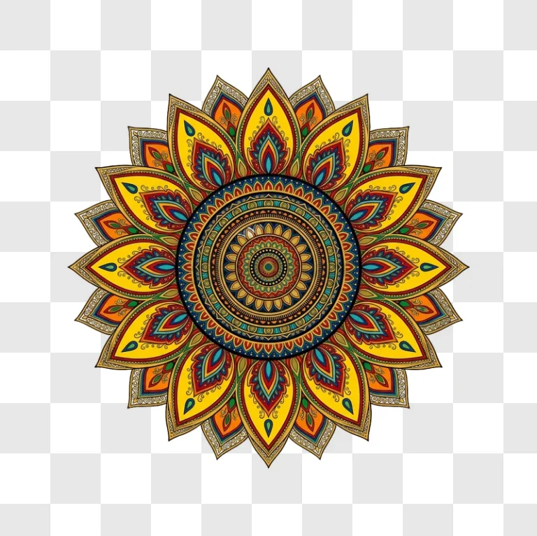 Colorful Intricate Mandala Art Design vibrant yellow red blue pattern