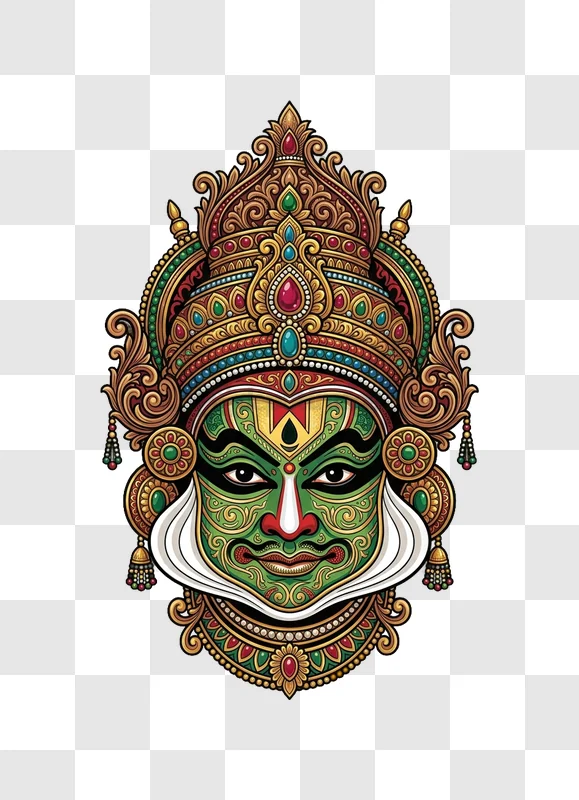 Colorful Kathakali Mask intricate green gold red ornate