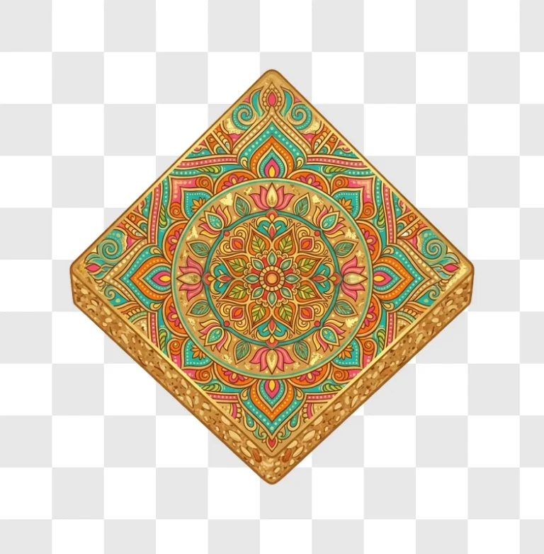 Colorful Mandala Indian Art Dessert vibrant ornate pattern gold border