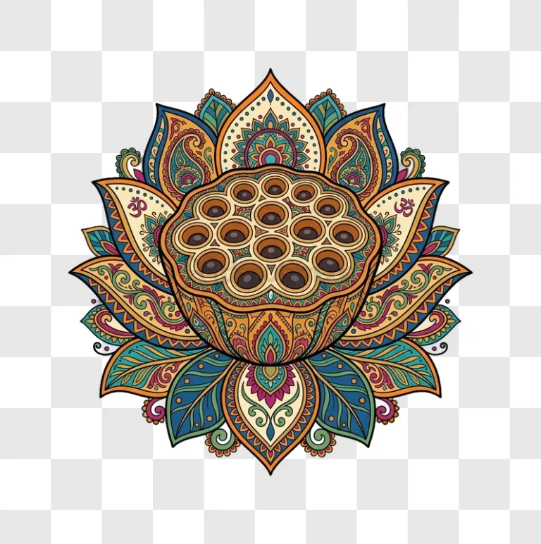 Colorful Mandala Lotus With Seeds vibrant intricate patterned illustration