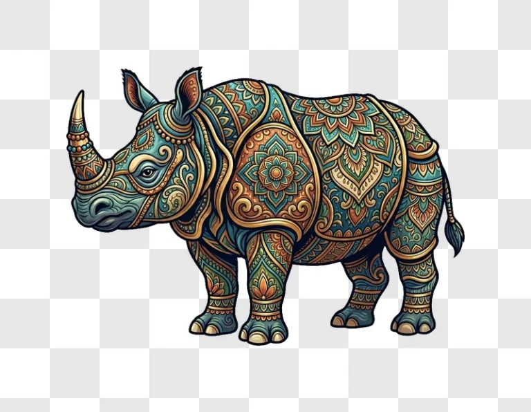 Colorful Mandala Patterned Rhino Art ornate teal gold orange patterns