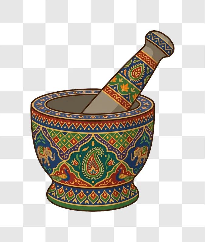 Colorful Mortar Pestle Indian Design intricate patterns vibrant colors