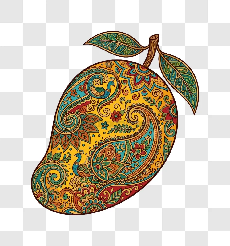 Colorful Paisley Mango Folk Art Style intricate patterns vibrant colors black background