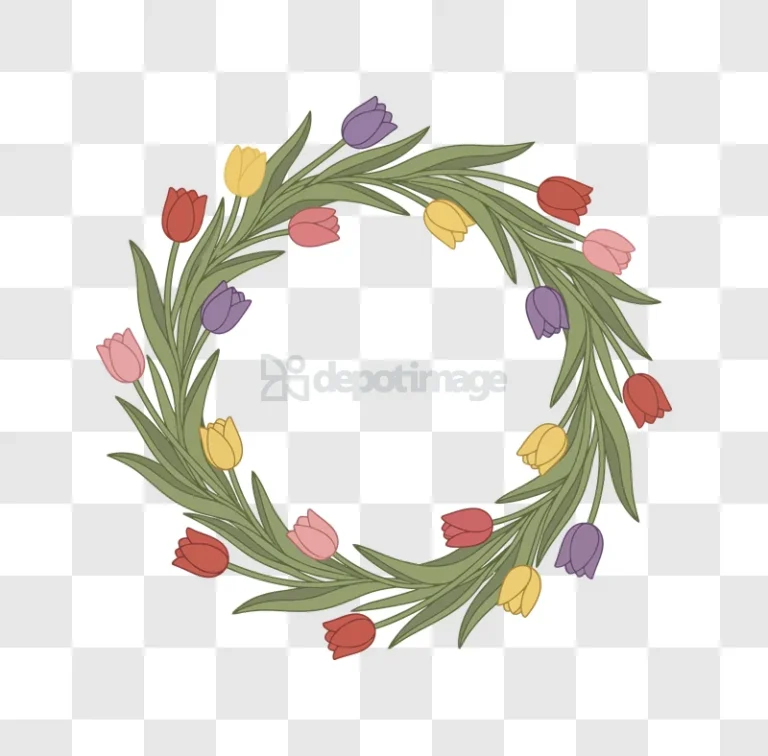 Colorful Tulip Wreath vector art transparent background, red pink yellow purple flowers