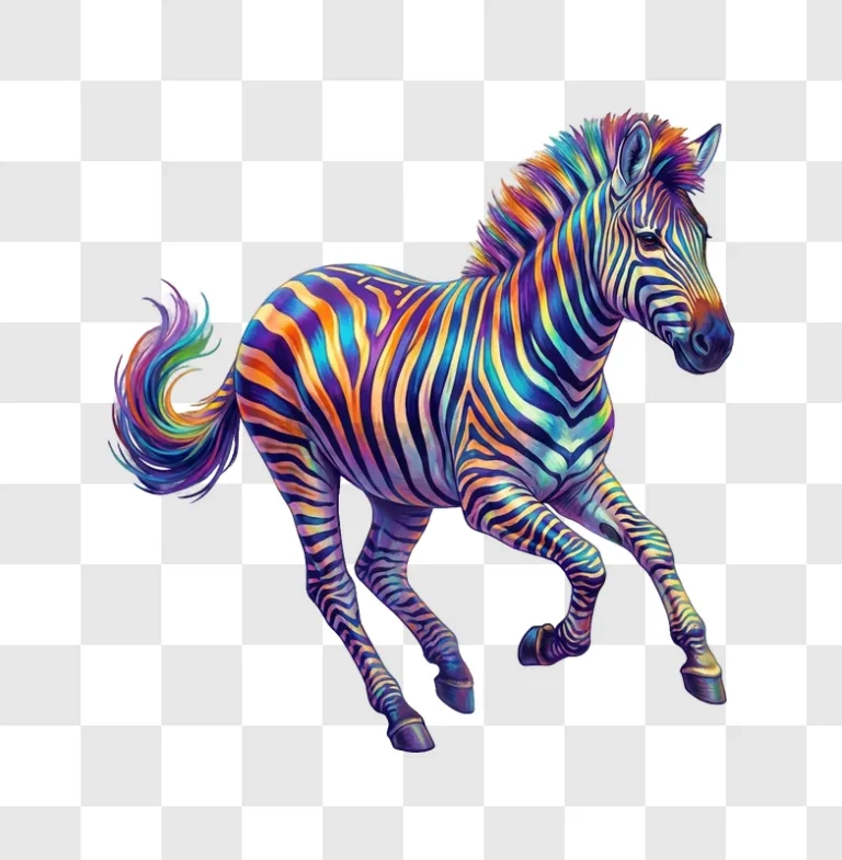 Colorful Zebra Running With Rainbow Stripes vibrant illustration transparent background