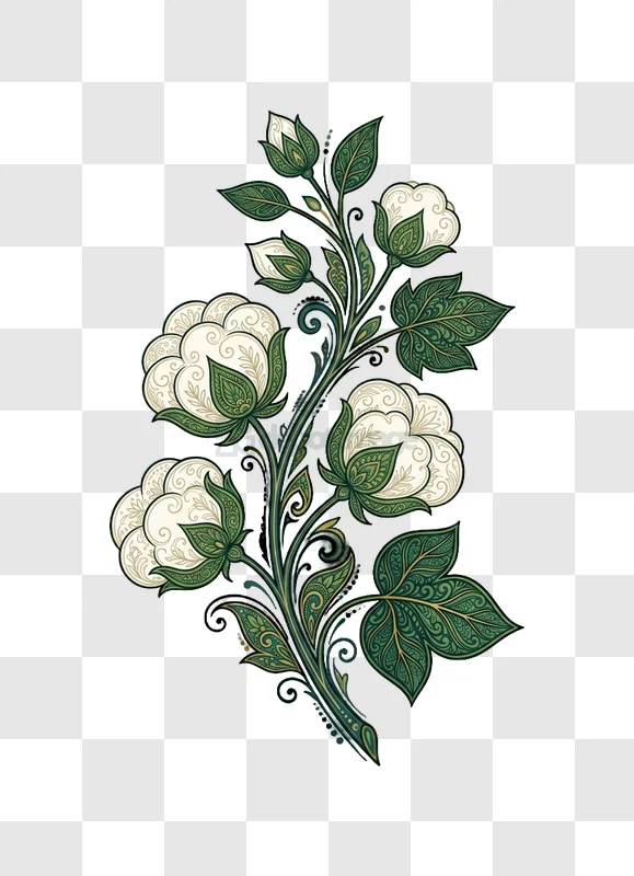 Cotton Flower Branch Ornate Design intricate green white illustration