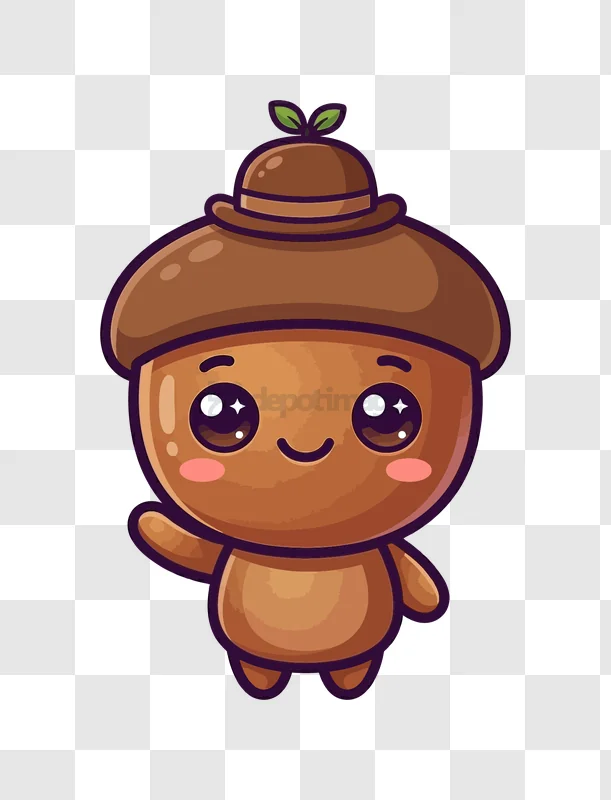 Cute Acorn Character Waving Hello, cartoon style, brown colors, transparent background