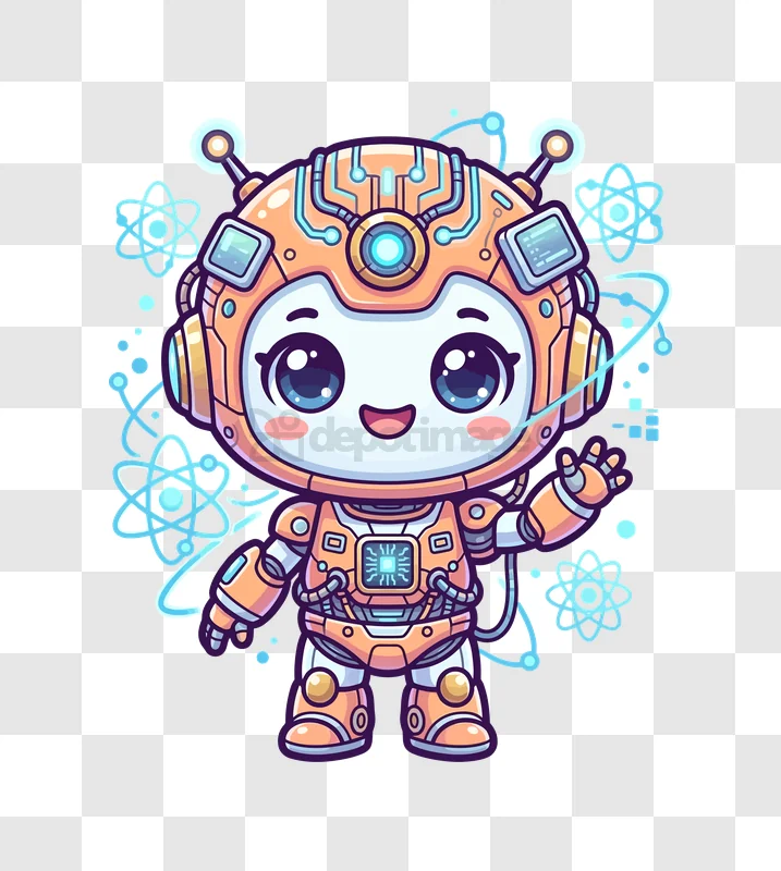 Cute Adorable Robot Character Waving Hello cartoon style orange blue
