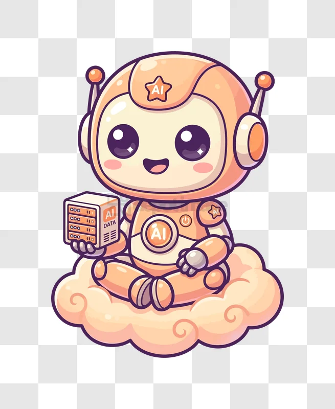 Cute Ai Robot Character Sitting on Cloud Holding Data Cube, cartoon style orange robot cloud