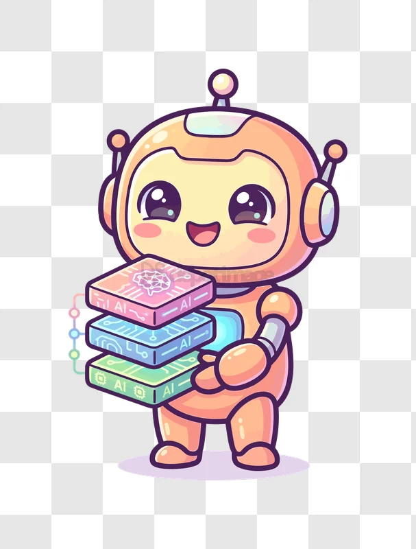 Cute Ai Robot Holding Data Stacks cartoon style pastel colors transparent background