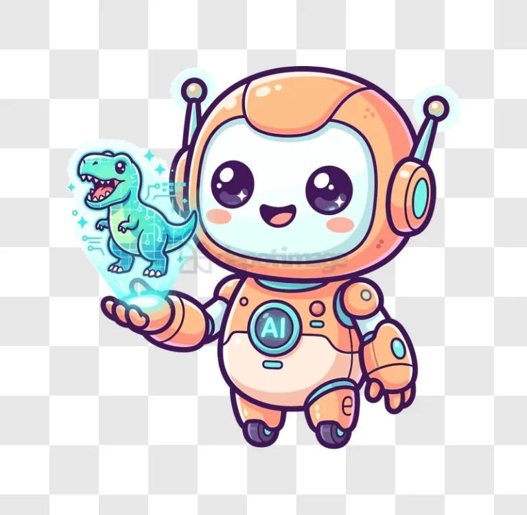 Cute Ai Robot Holding Dino Hologram cartoon style transparent background