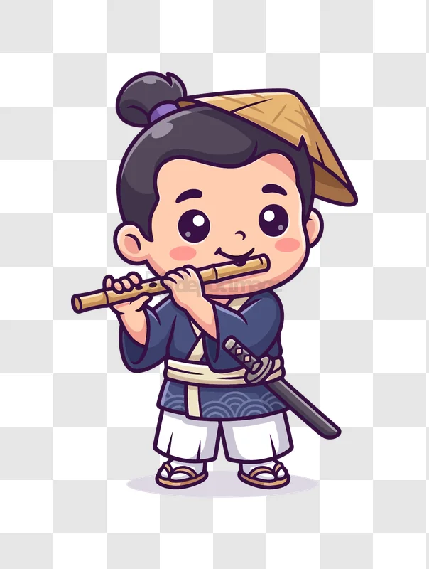 Cute Anime Boy Playing Flute cartoon style transparent background