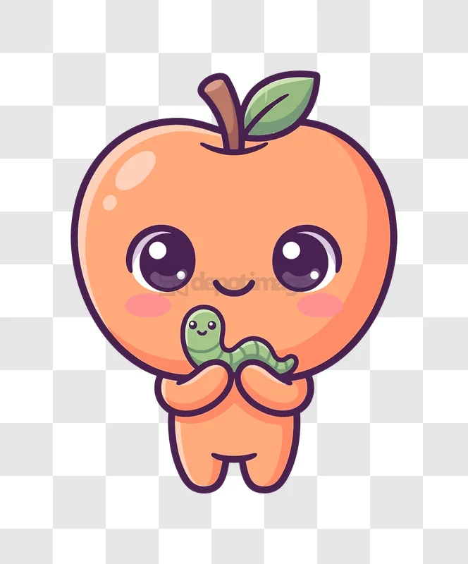 Cute Apple Character Holding a Worm cartoon style transparent background