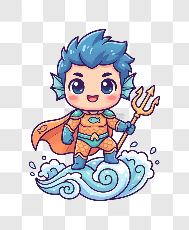 Cute Aquaman on a Wave chibi style blue orange