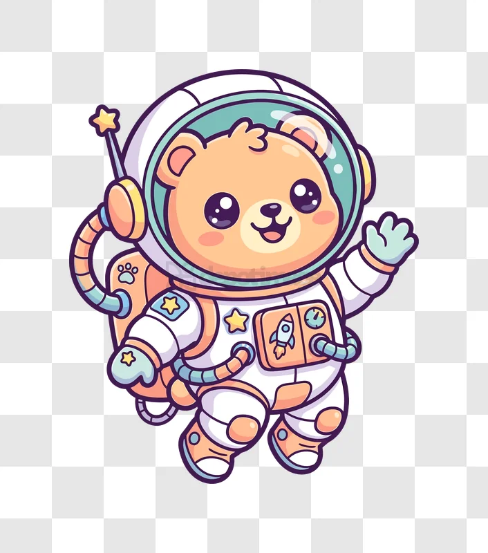 Cute Astronaut Bear Waving in Space cartoon style transparent background