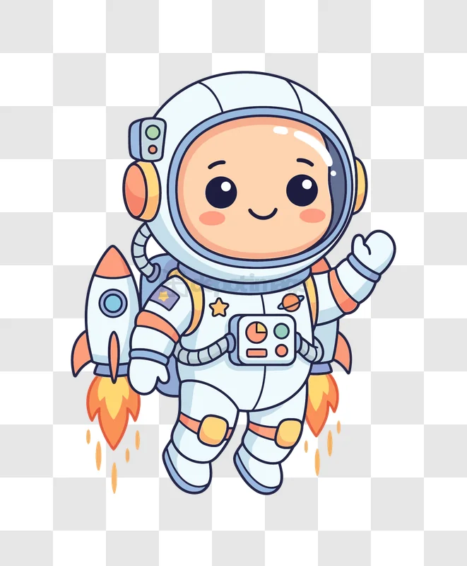 Cute Astronaut Flying With Rocket Thrust cartoon style transparent background