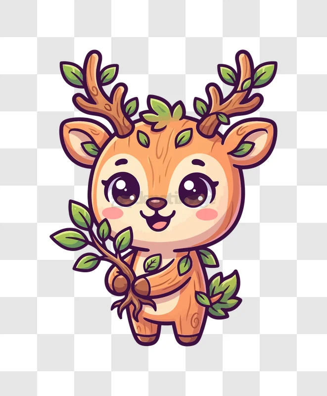 Cute Baby Deer With Leaves cartoon style, vibrant colors, transparent background