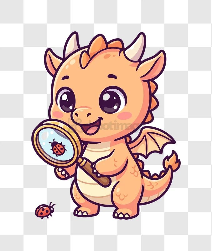 Cute Baby Dragon Character Holding Magnifying Glass Examining Ladybug cartoon style transparent background