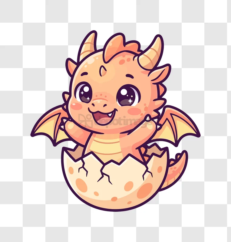 Cute Baby Dragon Hatching From Egg, cartoon style orange transparent background