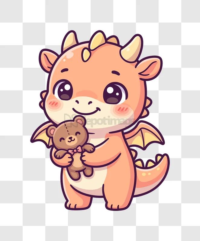 Cute Baby Dragon Holding a Teddy Bear Illustration cartoon style orange pink