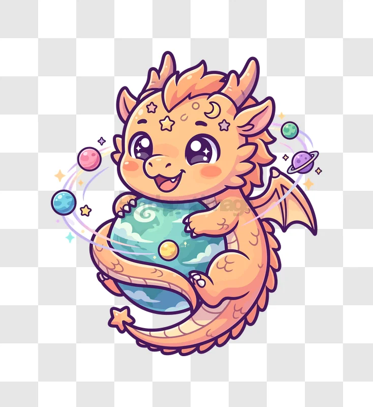 Cute Baby Dragon Holding Planet Earth in Space With Stars and Planets cartoon style transparent background