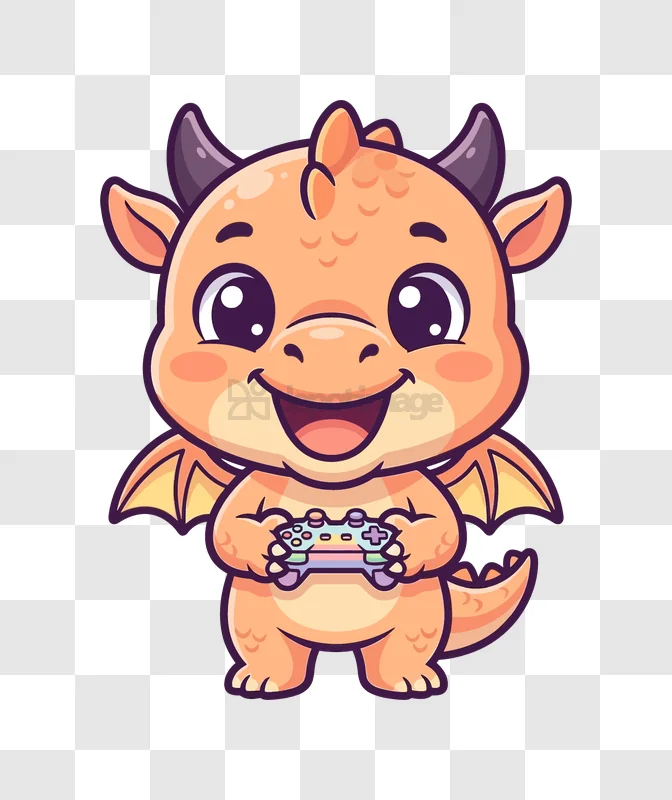 Cute Baby Dragon Playing Video Games cartoon style orange transparent background