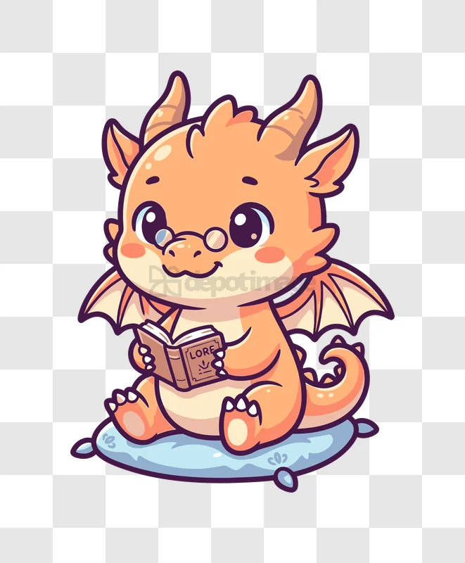 Cute Baby Dragon Reading a Book on a Pillow cartoon style orange transparent background