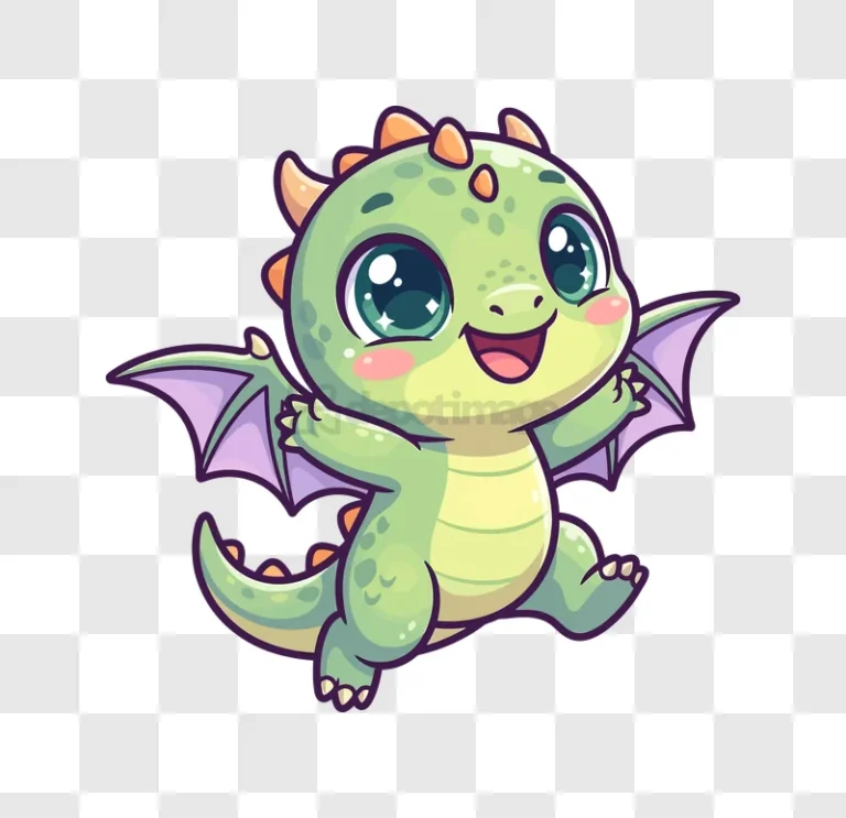 Cute Baby Green Dragon Smiling cartoon style transparent background