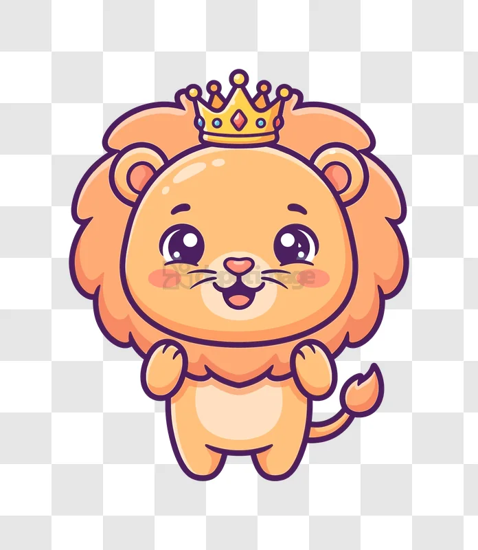 Cute Baby Lion Wearing Crown cartoon style orange transparent background