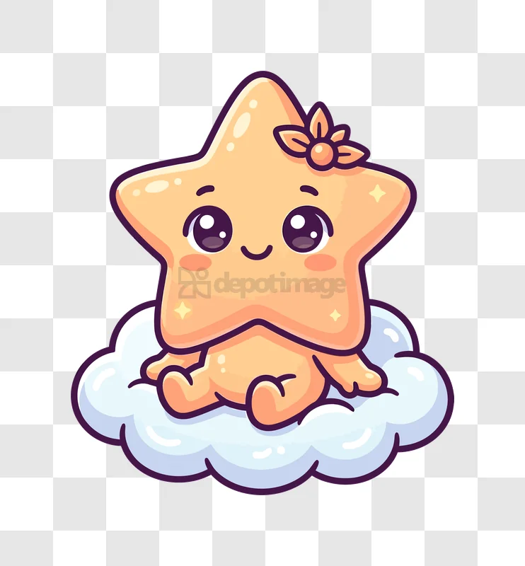 Cute Baby Star Sitting on Cloud cartoon style transparent background