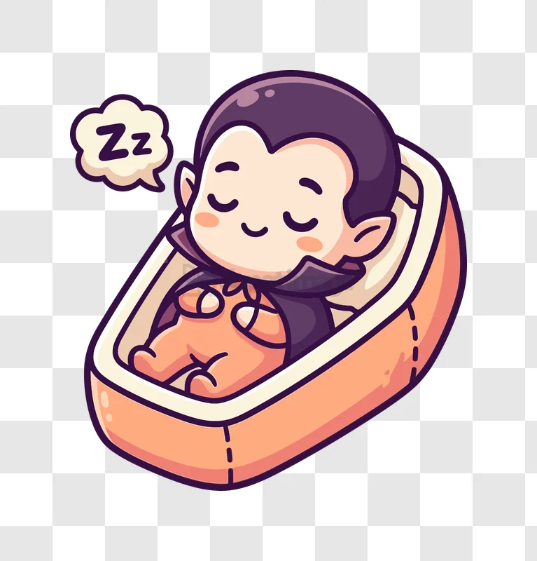 Cute Baby Vampire Sleeping in Coffin, cartoon style, orange coffin, transparent background