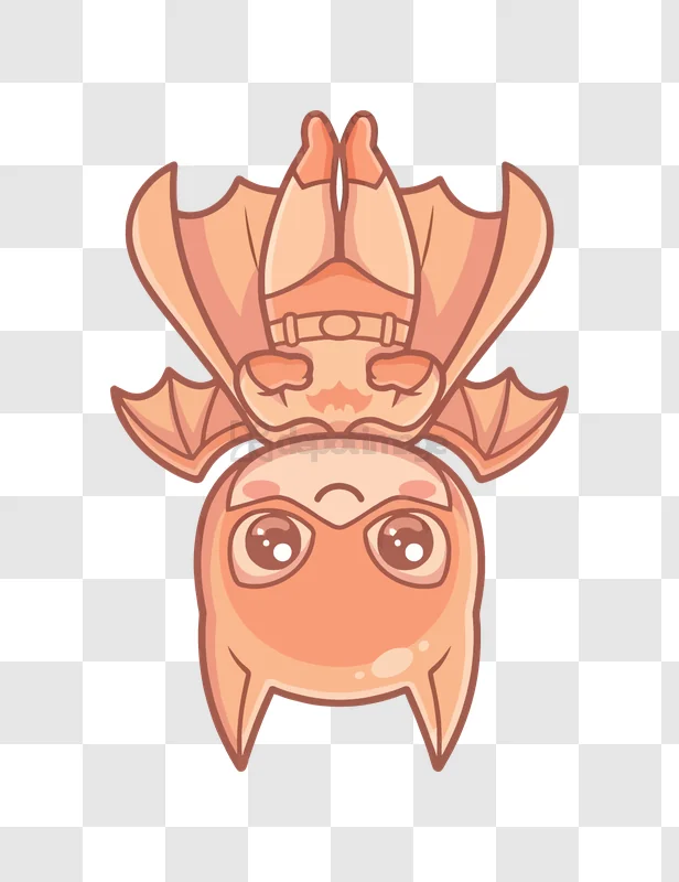 Cute Bat Hanging Upside Down Cartoon adorable cartoon style, peach colors, transparent background