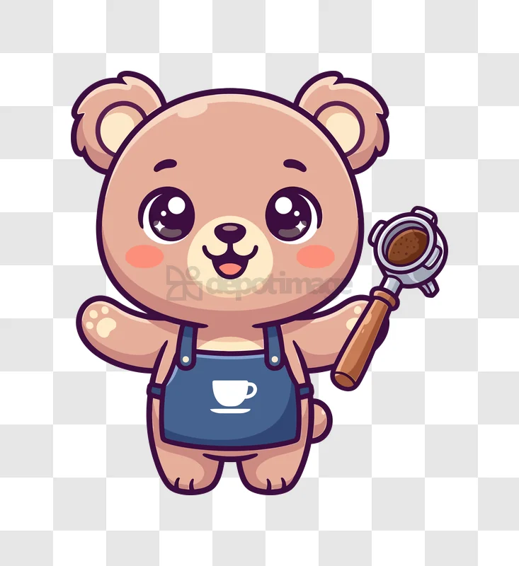 Cute Bear Barista Holding Portafilter Coffee Tool cartoon style transparent background