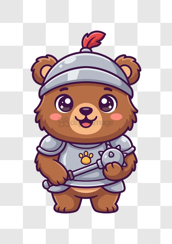 Cute Bear Knight Holding Mace cartoon style brown bear armor