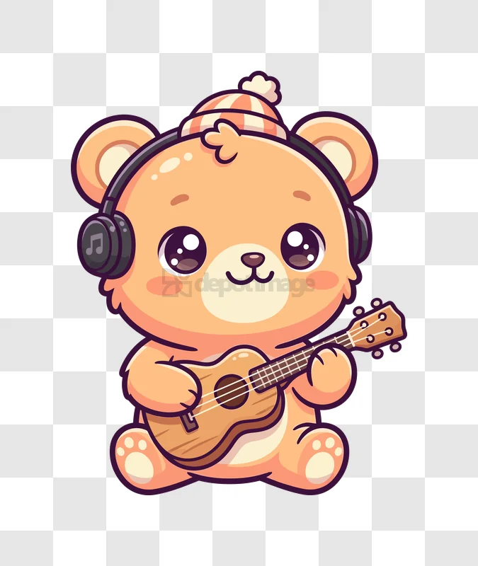 Cute Bear Playing Ukulele With Headphone cartoon style transparent background