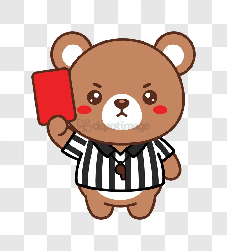Cute Bear Referee Red Card Whistle cartoon style transparent background