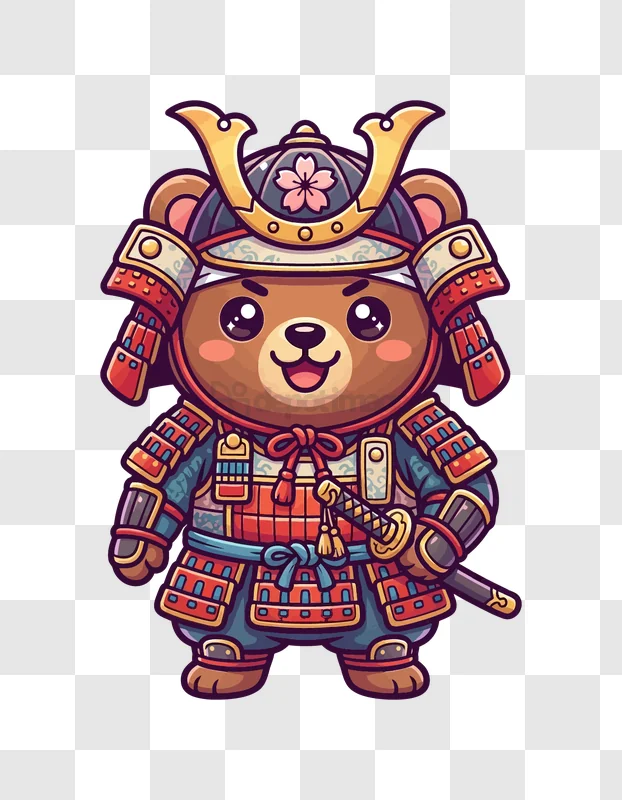 Cute Bear Samurai With Katana cartoon style vibrant colors