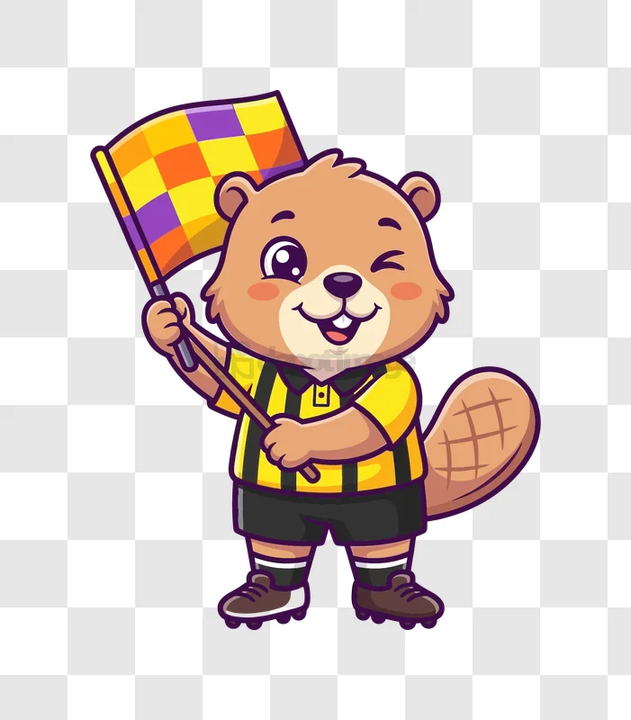 Cute Beaver Referee Winking With Flag cartoon style yellow purple