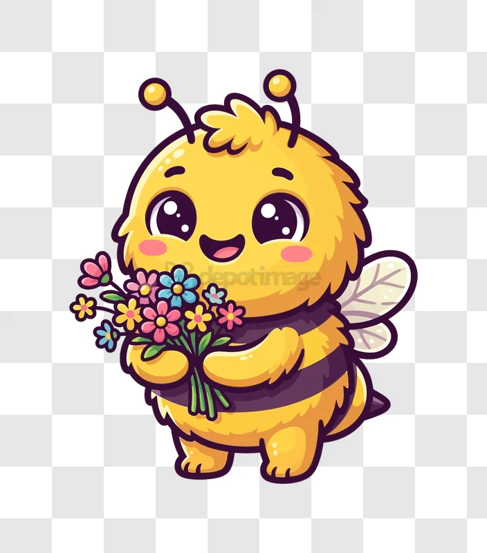 Cute Bee Holding Flower Bouquet cartoon style transparent background
